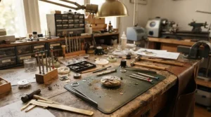A cluttered yet organized workbench showing tools and putter parts inside the Scotty Cameron Custom Shop.