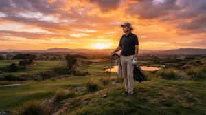 Silhouette of a golfer holding a center shaft putter modern design during golden hour