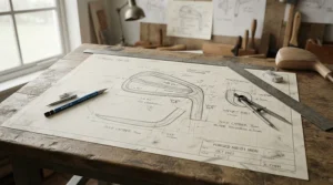 Architectural sketch and technical lines representing a center shaft putter modern design