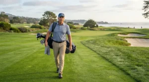 Walking down a championship fairway carrying a golf driver for advanced players with low spin.