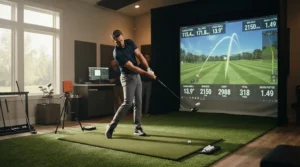 Data displayed on a launch monitor while testing a golf driver for advanced players with low spin indoors.