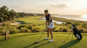 A golfer setting up a golf driver for advanced players with low spin on a lush fairway during golden hour.