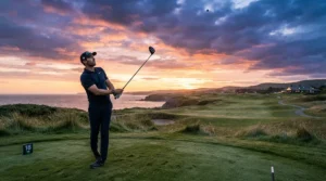 Following the flight of a shot hit with a golf driver for advanced players with low spin at sunset.