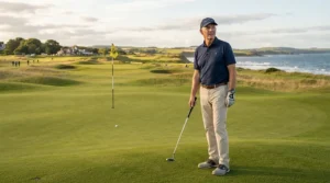 Golfer reviewing ball trajectory after hitting a shot with senior golf hybrid clubs.