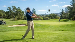 An older golfer taking a smooth swing with senior golf hybrid clubs at a country club.