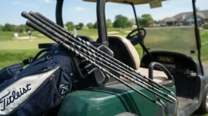 Detailed view of graphite shafts on premium senior golf hybrid clubs outdoors.