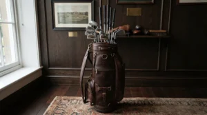 An investment premium golf iron set stored securely in a luxury executive leather travel bag ready for the weekend.