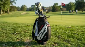 A full set of golf clubs showcasing a premier left-handed golf driver in a stylish stand bag.