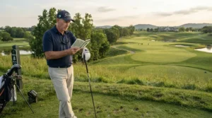 Reviewing course strategy and shot shaping options with a left-handed golf driver in hand.