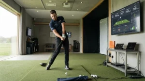 A custom fitting session utilizing a launch monitor to test a left-handed golf driver indoors.