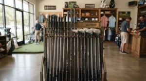 Retail display rack featuring the latest high-performance left-handed golf driver models.