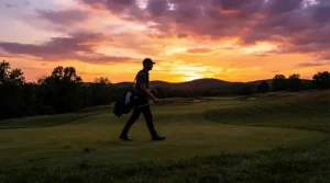 A golfer holding a left-handed golf driver while walking the course during golden hour.