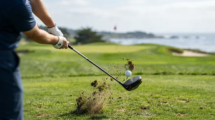 Dynamic action shot of the moment of impact using a left-handed golf driver on the fairway.