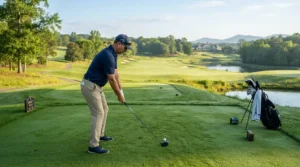 A golfer addressing the ball with a left-handed golf driver on a sunny morning golf course.