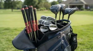 Close-up of lightweight senior golf hybrid clubs organized inside a professional stand bag.