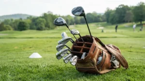 A premium golf iron set displayed neatly on a meticulously manicured PGA tour practice green under bright afternoon sunlight.