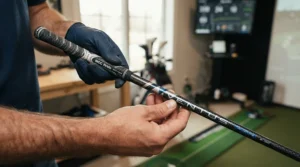 A golfer examining a premium shaft upgrade on a custom-built premium golf iron set in a club fitting studio.