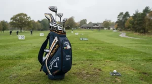 Golf bag setup highlighting a professional golf driver for high swing speed alongside premium irons and wedges.