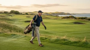 Player walking down the fairway carrying a professional golf driver for high swing speed at a championship course.