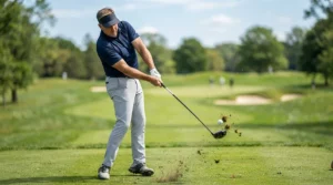 Dynamic action shot of a powerful swing using a professional golf driver for high swing speed.