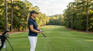 Golfer on the tee box selecting a professional golf driver for high swing speed with a specialized shaft.