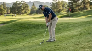 Tournament competitor lining up a championship winning putt with the putter used by professional golfers.