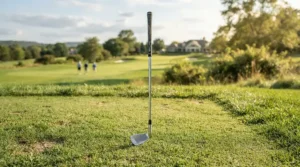 The face balanced design of the putter used by professional golfers shown resting on a flat surface.