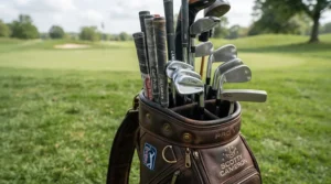 A tour bag featuring the putter used by professional golfers alongside other professional clubs.