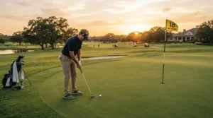 A professional golfer carefully practicing with the putter used by professional golfers on a sunlit practice green.