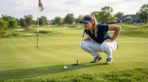 Professional athlete examining the break of the green before using the putter used by professional golfers.