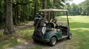 A stylish senior golf club set loaded securely onto a riding cart at a classic American golf resort.
