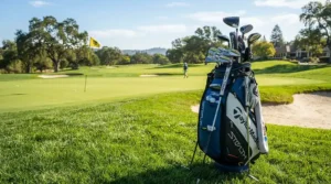 An illustration of a senior golf club set resting in a cart on a sunny fairway, ideal for players with a high handicap.