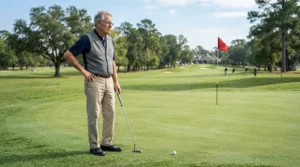 A senior golfer selecting a putter from their matching senior golf club set during a weekend round.