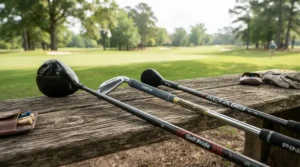 Close-up of a senior golf club set highlighting lightweight senior flex shafts for improved swing speed.