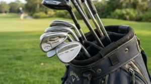 Close-up of a lightweight graphite shaft fitted to a senior golf driver for more distance on the practice green.