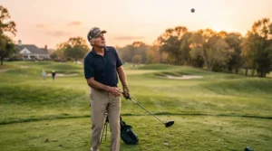 A mature golfer watching the ball soar down the fairway using a senior golf driver for more distance.