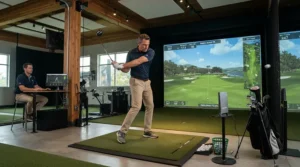 A golfer in a professional fitting bay testing a senior golf driver for more distance.