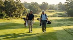 Two senior golfers walking together on a sunny course with a senior golf driver for more distance in hand.