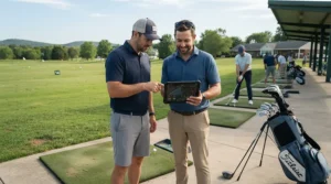 A coach reviewing swing metrics on a tablet with a player using a senior golf driver for more distance.