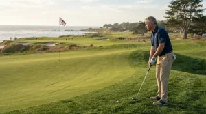 Senior golfer examining the course layout while holding senior golf hybrid clubs.