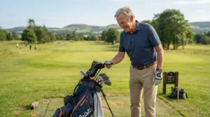 A smiling senior golfer selecting senior golf hybrid clubs at the tee box.
