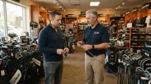 A club fitter helping a senior golfer select senior golf irons for arthritis-friendly grip inside a pro shop.