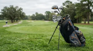 A complete senior women's golf club set featuring senior golf irons for arthritis-friendly grip resting in a cart bag.