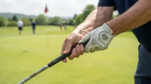 An older golfer examining senior golf irons for arthritis-friendly grip during a sunny morning round on a country club green.