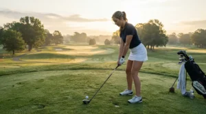 A mature woman taking her stance with senior golf irons for arthritis-friendly grip on the first tee box.