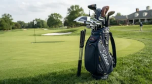 Full set of tour-issue golf irons organized neatly in a professional staff bag on the course.