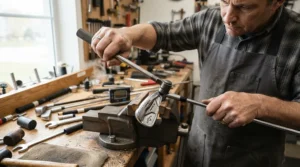 Technician adjusting the loft and lie of tour-issue golf irons using a specialized bending machine.