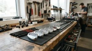 Custom tour-issue golf irons laid out on a professional club builder workbench in a mobile fitting lab.