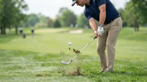 Dynamic impact moment using tour-issue golf irons during a competitive tournament round.