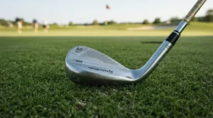 Side profile highlighting the sole design and wedge bounce of tour-level golf wedges on turf.